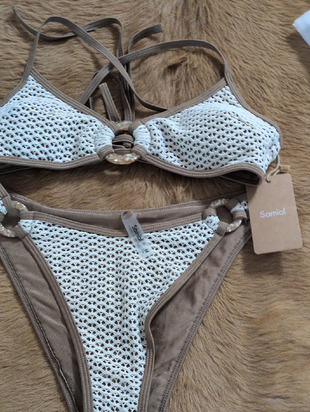 Samiol Women's White Crochet Bikini with Tan Trim